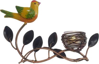 Vandana Collection Bird Tealight Candle Holder Table Art with Turquoise Leaves Yellow Bird Design Iron 1 - Cup Tealight Holder