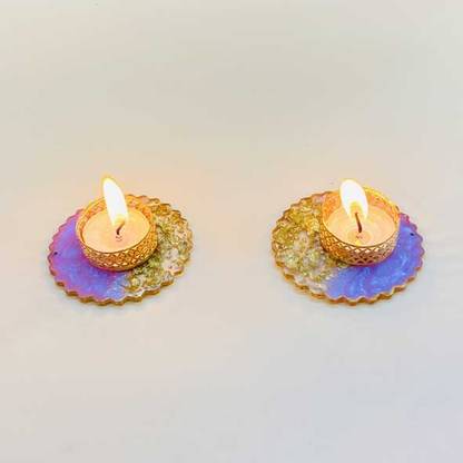 VinshBond Coaster Decor Resin Tealight Candle Holder Diwali candle Diya for Home office Iron 2 - Cup Candle Holder