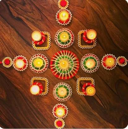 LAZYBEEE Handmade Indian Multi Color 17Pcs Floral Rangoli Set, Velvet Rose Flower Brass Tealight Holder Set