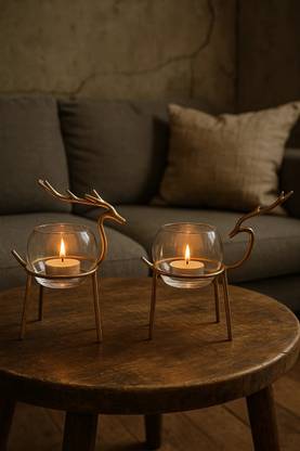 ENTICE IN Elegant Reindeer Candle Holder Set For Home Iron 2 - Cup Tealight Holder Set