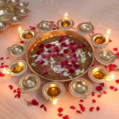Zig Zag Metal Urli Bowl with 12 Diyas for Diwali, Weddings, Pooja, and Festive Décor Brass 1 - Cup Candle Holder