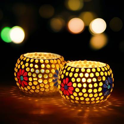 JaipurCrafts Set of 2 Mosaic Glass TeaLight Votive Candle Holder with Tea Light Candles for Living Room Table Home Decor Indoor Outdoor Decorations (Multicolor, Glass) Glass 2 - Cup Tealight Holder Set