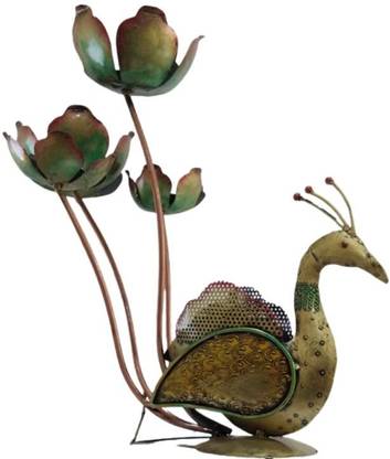 Vandana Collection Peacock T-Light Sculpture with Lotus Flowers, Vintage Style Iron 4 - Cup Candle Holder