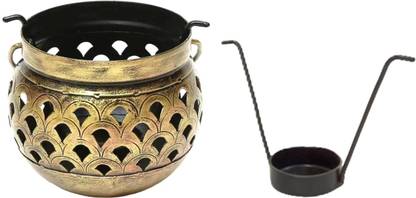 Bowl T-Light Holder with Floral Cut Design, Gold Finish, Hanging Handle Iron 1 - Cup Candle Holder