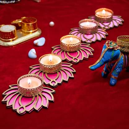 EARNAM Lotus Design Tealight candle Holder for Diwali Decoration, diya Flower Rangoli Gold Plated 5 - Cup Tealight Holder Set