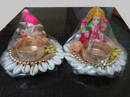 RN Creations Laxmi Ganesh Ji Pair on Decorated Kodi Aasan with T Light Holder Polyresin Tealight Holder Set