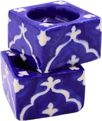 Natriel Abstract Pattern Handmade Blue Pottery Art Blue Color T-Light Candles Stand Earthenware 2 - Cup Candle Holder Set
