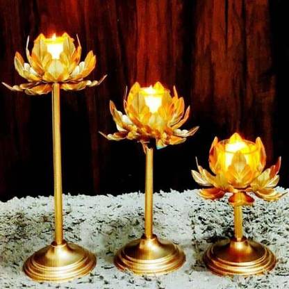 Easyera Golden Beautiful Tealight Holder Stylishly Shaped Lotus Candle Stand {3Pc Set) Iron 3 - Cup Candle Holder Set