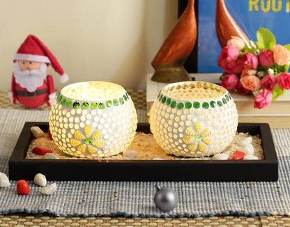 TIED RIBBONS Mosaic Glass Tealight Votive Candle Holder with Wooden Tray-Christmas Light Outdoor Glass 2 - Cup Tealight Holder Set