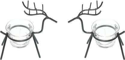 JaipurCrafts Christmas Reindeer Tealight Candle Holder for Home and Dining Decor Glass, Iron 2 - Cup Tealight Holder Set