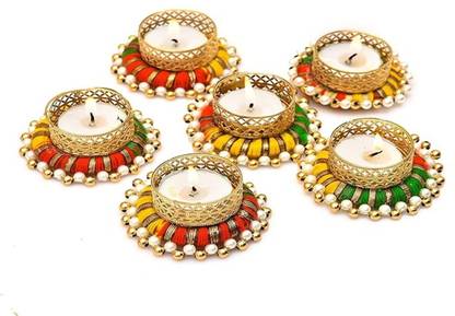 Waxy Wonders Moti Diya with Gota Patti Candle Holder Tealight Candle Designer Diya Candle Set Brass 6 - Cup Candle Holder Set