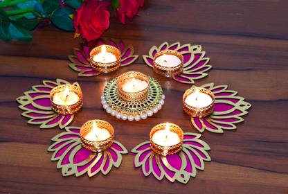 AVIKALP INDIA Handmade Candle Holder with Perfumed Tealight Brass 7 - Cup Tealight Holder Set