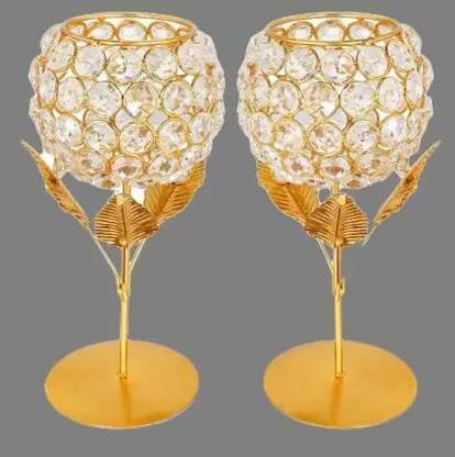 Decorexperts Gold Plated Crystal Candle Holder Brass Candle Holder Brass 2 - Cup Candle Holder Set