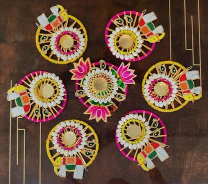 GB Royal Elephant Rangoli Set for Diwali, Navratri, Festival Decoration Without LED Iron 7 - Cup Tealight Holder Set