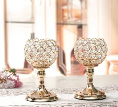 Urban Hamlet Set of 2 Crystal Beaded Candle Holders | Elegant Golden T-Light Stand Iron Tealight Holder Set