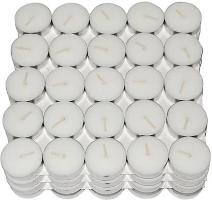 eCraftIndia Set Of 50 Pure Wax Unscented White Tea Light Candles Aluminium Tealight Holder