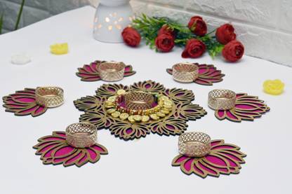 AVIKALP INDIA Designer Lotus Shaped Tealight Candle Holder, Rangoli Gold Plated Tealight Holder Set