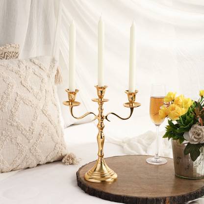 VoiDrop Three Arm Candelabra Tall -Glossy Taper Candle Holders, Candle Stands (GOLD) Aluminium Candle Holder
