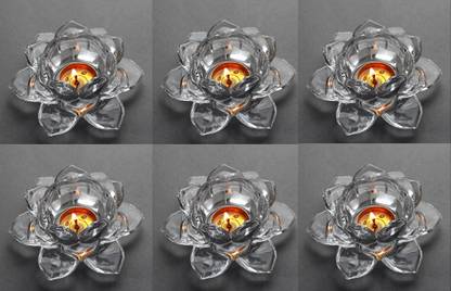 IndusBay Decoration Crystal Glass Lotus Tealight Diya Candle Stand for Diwali Room Decor Glass Tealight Holder