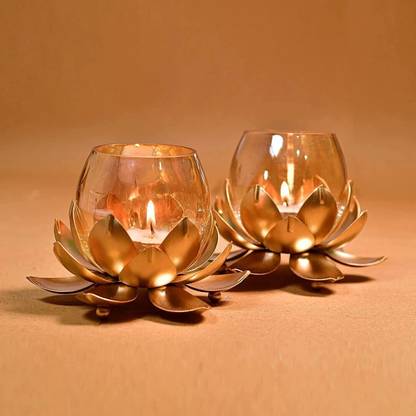 Option Gallery Cracked Lotus Candle Holder Pack of 2 Brass, Iron Candle Holder