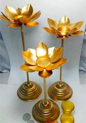 AYEZA HANDICRAFTS Lotus shape candle tea light holder in gold finish without glass Iron 1, 1, 1 - Cup Tealight Holder Set