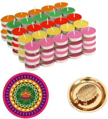 WOM BAB Tealight Candles 50 With Rangoli Stickar 1 and Tortoise Vastu Plate 1 Candle