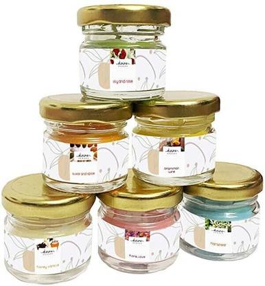 Divine Senses Mini jar Scented Candles - Cinnamon & Wine, Honey Vanilla, Rose & Lily, Floral Love, Sugar & Spice, Harsingar | Intensely fragranced Candles (Pack of 6) Candle