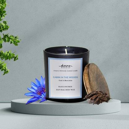 Divine Senses Oud & Blue Lotus Matte Black Glass Jar Scented Candle | 40 Hours Burning Time Candle