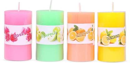 Vendy ARISE Small Pillar Candles, Smokeless Scented Small Pillar Candles Pack of 4 for Home Decoration and Celebrations, Burning Time 8hr-9hr, Rose, Lemon, Orange, Green Apple, Pack of 4 Candle