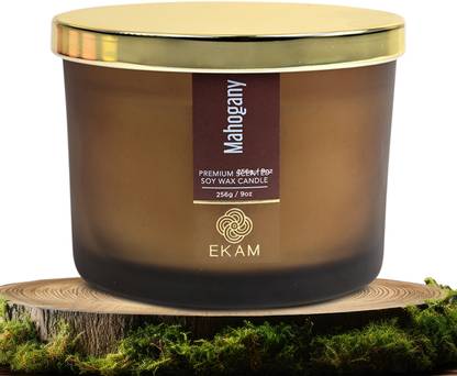 Ekam Mahogany 3 Wick Soy Wax Scented Candle, 256 Grams, 35 Hours Burn Time Candle