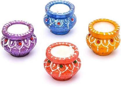 DAKSH HANDICRAFT Terrocota Matki Diya with wax- Pack of 4 - Handmade- For Decoration and Gifting Candle