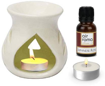 Airroma Ceramic White Aroma Burner/Diffuser Set with 10ml Japanese Rose oil & 2 Pcs Candles Candle
