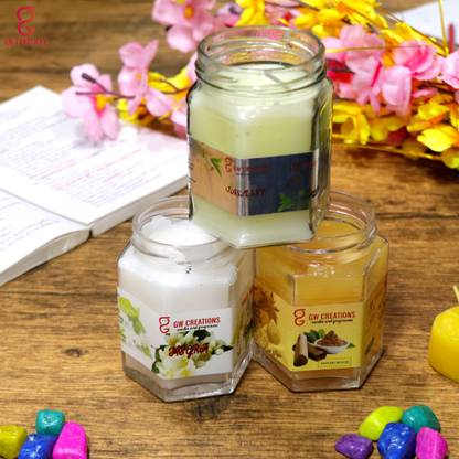GW Creations Combo set of 3 Jasmine-Mogra-Sandalwood Large Hexagon Jar Candle