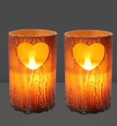 Onprix 2pcs Flameless Tree Bark Pillar Candle Led with Hart Shape Design Candles Candle
