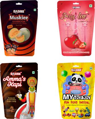 DOBIEE Fruit Flavour Candies Combo Pack of 4 (Muskiee,Berry Luv,Ammas Kapi,My Toy&Joy) Double Flavour Candy