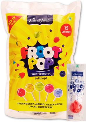 CandyVille FrootPop Lollipops Kids Favourite Individually Wrapped Litchi, Blueberry, Strawberry, Mango, Green Apple Lollipop