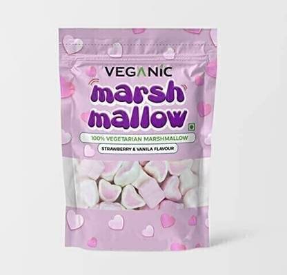 Veganic Marshmallows Pure Veg 100gm (50 Pcs) Heart Shape Pink White Marshmallow Strawberry, Vanilla Marshmallow