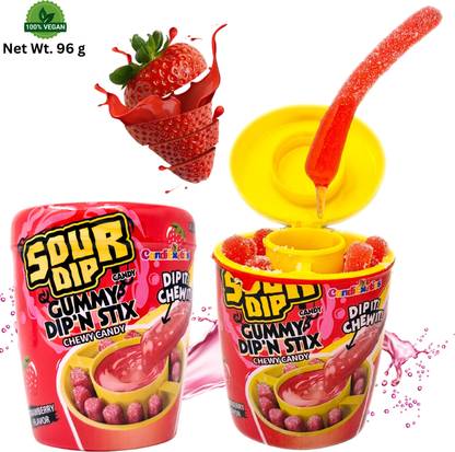 CANDIEXOTICS Sour Juicy Dip'N Stix – Sweet & Sour Chewy Candy for Kids Strawberry Candy Sticks