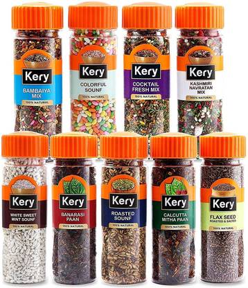 Kery Mukhwas Combo | Pack of 9 Bottles | 1.06 KG | Bambaiya Mix, Saunf, Cocktail Mix, Navratan Mix, Banarasi Paan, Mitha Paan, Flaxseed Mouth Freshener