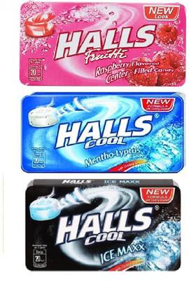 HALLS Variety Pack - 1 Mentho Lyptus ,1 Raspberry , 1 Ice Max Candy