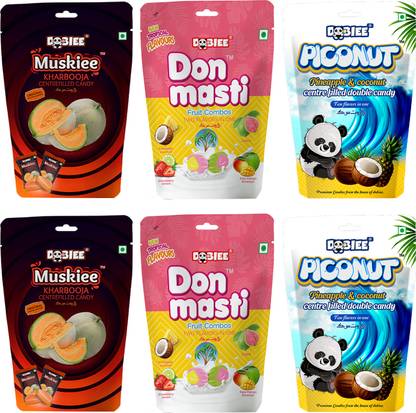 DOBIEE Fruit Flavour Combo Pack of 6 Candies (Muskiee x 2, Don Masti x 2 & Piconut x 2) Double Flavour Candy