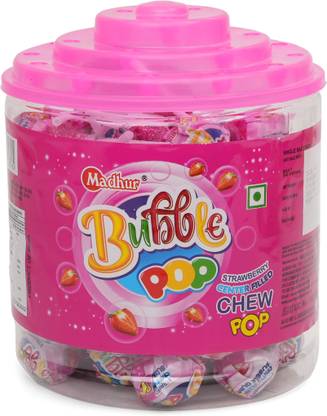 Madhur Strawberry Centre Filled Bubble Gum Lollipop Strawberry Flavoured Lollipop