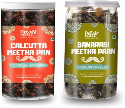 Delight Foods Calcutta Meetha Paan and Banarasi Meetha Paan (200gm each) Without Supari Traditional Mukhwas, Sweet Paan Hygienically Packed Jar Mouth Freshener