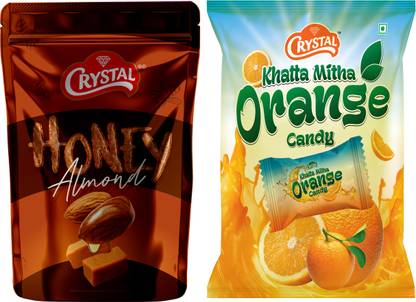 CRYSTAL Honey Almond Chocolate And Khatta Mitha Orange Candy Combo 250 Toffee Orange, Honey Almond Candy