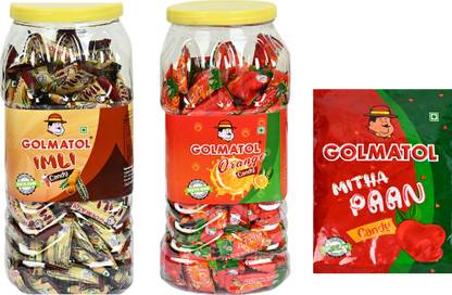 Golmatol Special Combo pack of 2+1 , 1 Imli jar, 1 Orange Jar ,1 Metha Paan Pkt Imli, Orange, Metha Paan Candy