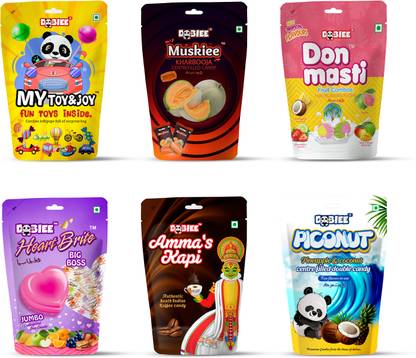 DOBIEE Multi Fruit Flavour Centre Filled Candies Combo of 6 Assorted Pack My Toy & Joy, Muskiee, Don Masti, Heart Brite, Ammas Kapi, Piconut Candy