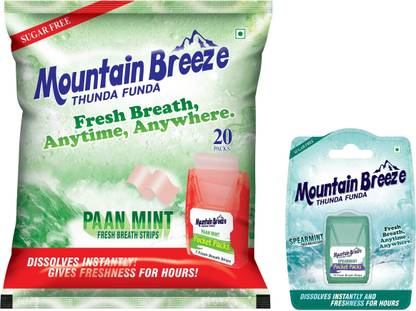 Mountain breeze Sugar-Free Paan & Spearmint Fresh Breath Strp (7*20=140Strp) with (24Strp) Mint Mouth Freshener