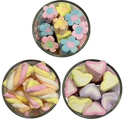Veganic Marshmallows Pure Veg | Pack Of 3 (Twist, Flower & Rainbow Heart Shaped) Candy Sweet Marshmallow