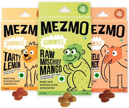 Mezmo Soft jelly healthy n yummy candy with natural fruit sugar 36 jellies (Pack of 3) Tarty Lemon, Tangelo Orange, Raw Mango Jelly Candy