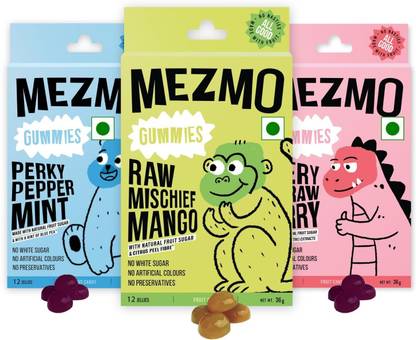 Mezmo Soft jelly healthy candy with natural fruit sugar 108gms 36 jellies (Pack of 3) Very Strawberry, Raw Mango, Perky Peppermint Jelly Candy